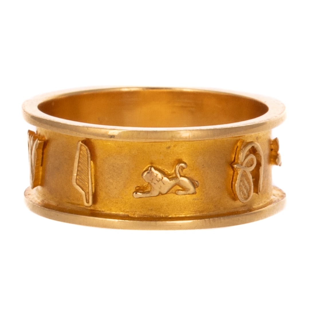 An Egyptian Hieroglyph Band in 18K: 18K yellow gold band depicting high polish Egyptian hieroglyphs on matte gold ground, high polish boarder, Egyptian hallmarks, 7 mm W, sz 6, 3.5 grams