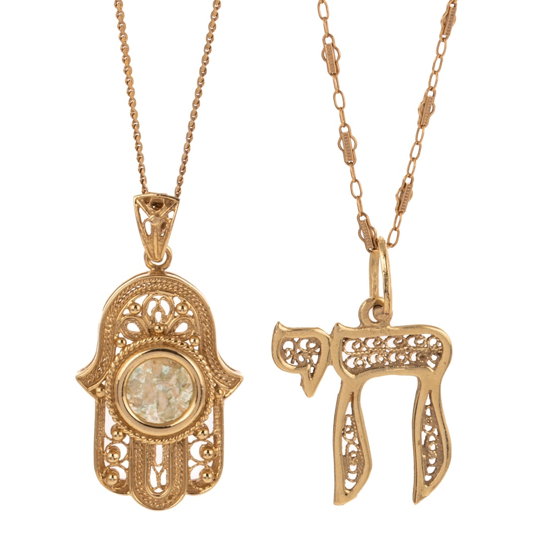A Roman Glass Hamsa Pendant & Filigree Chai Pendant in 14K: 1) 14K yellow gold pendant in the form of a hamsa with Roman glass inlay in the center, filigree details and bail, 1 1/2 in. L, hanging on a 14K yellow gold serpentine link chain, spring ring clasp,16