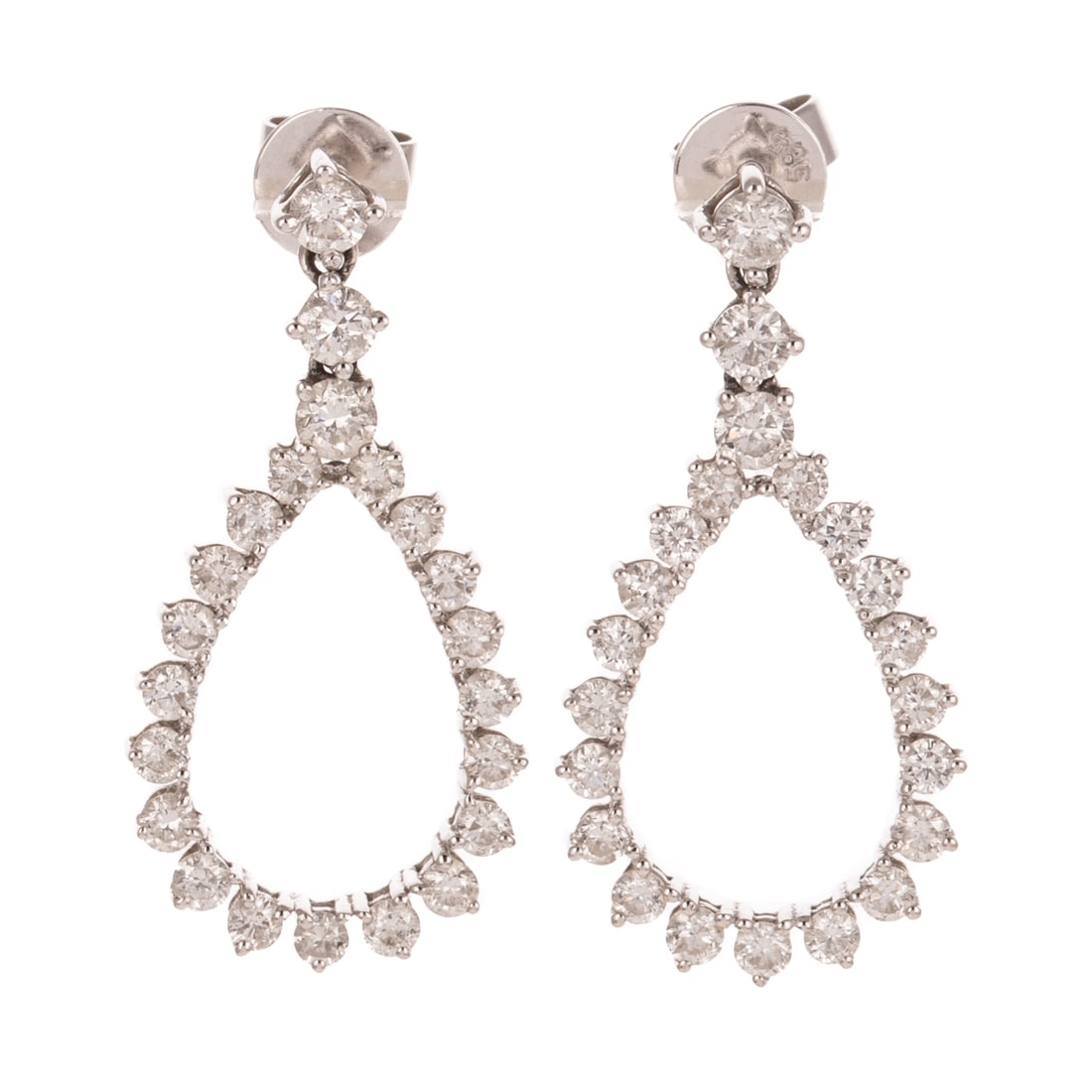 A Pair of Diamond Dangle Earrings in 14K: 14K white gold earrings featuring a line of round diamonds prong set forming a pear shape outline, all diamonds weighing approx. 1.50 ctw with an average color grade of H - I and an average clarity gr