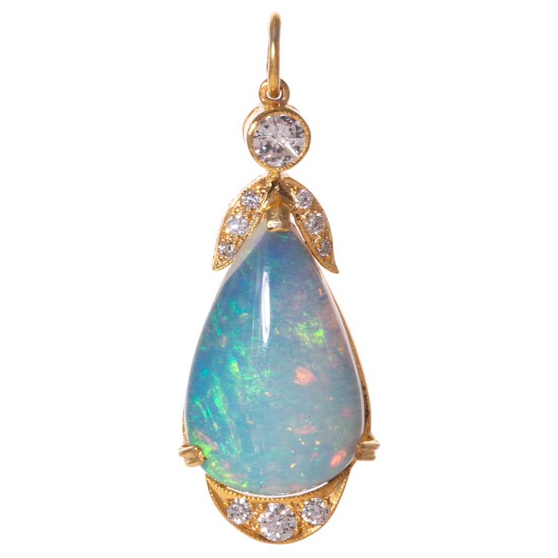 An Opal & Diamond Pendant in 18K: 18K yellow gold pendant featuring a round diamond bezel set above a large pear shaped opal cabochon with blue, orange, green, pink, and yellow play-of-color measuring 20.5 x 12.7 mm prong set with rou
