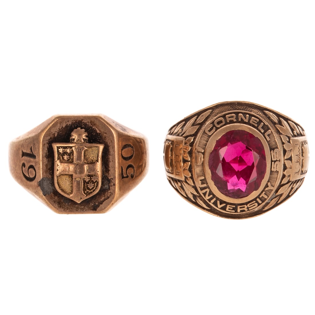 A Cornell University Class Ring & Other Class Ring in 10K: 1) 10K yellow gold 1955 Cornell University class ring featuring an oval shape synthetic ruby, bezel set, sz 7.5, and 2) 10K yellow gold 1950 class ring, personalized engraving on interior shank, sz 8,