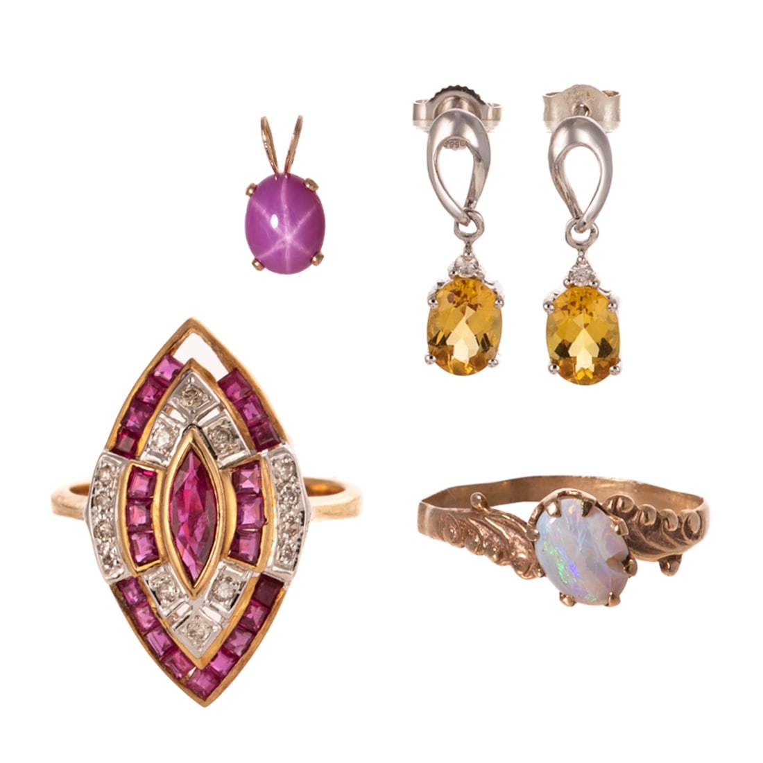 A Collection of Gemstone Jewelry in 14K: 1) 14K yellow gold ring featuring a marquise cut ruby bezel set in the center of concentric halos of square cut rubies channel set and round diamonds bead set, sz 6, 2) 14K yellow gold ring featuring 