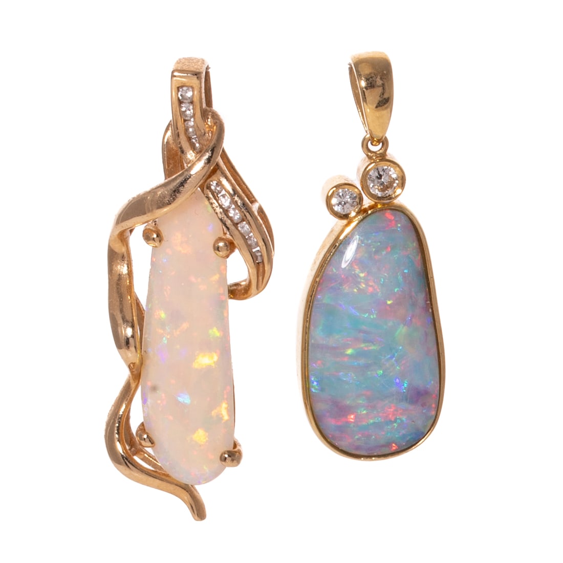 Two Freeform Opal Pendant with Diamonds in 14K: 1) 14K yellow gold elongated freeform opal with blue, green, orange, and yellow play-of-color with channel set diamonds in ribbon frame, signed "GC," 1 1/2 in. L, and 2) 14K yellow gold freeform bould