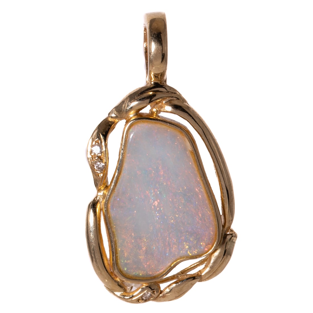A Freeform Opal & Diamond Pendant in 14K: 14K yellow gold hinged bail pendant featuring freeform opal with blue and pink play-of-color bezel set, diamonds bead set in ribbon frame, 1 1/2 in. L, 4.5 grams