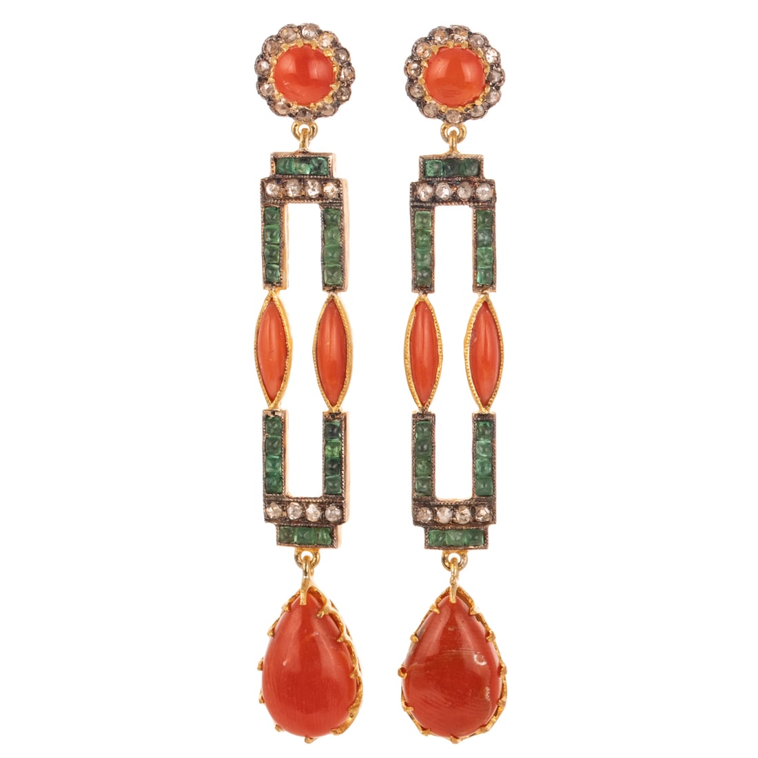 A Pair of Coral, Emerald & Diamond Earrings: Art Deco style vermeil earrings featuring round coral cabochons prong set in the center of a rose cut diamond bead set halo above an elongated open rectangle made of square emerald cabochons channel s