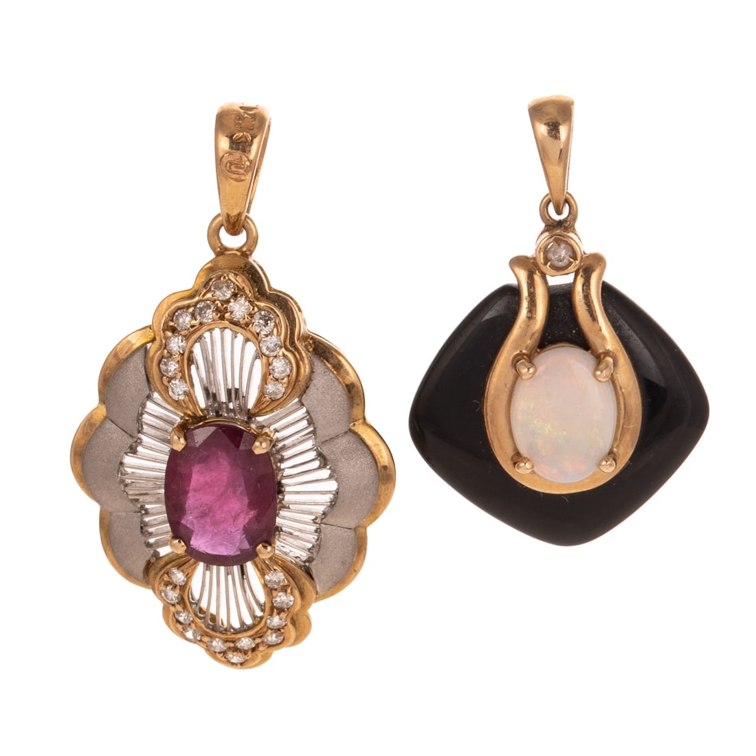An Art Deco Style Ruby Pendant & Opal Pendant in 14K: 1) 14K bi-color pendant featuring an oval shaped ruby weighing approx. 1.70 cts prong set with fine open work white gold lines radiating out into a sandblasted edge with high polish yellow gold detail