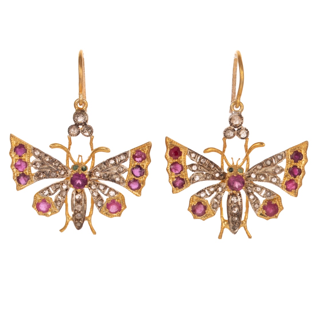A Pair of Diamond, Ruby & Garnet Butterfly Earrings: Vermeil earrings in the form of butterflies featuring rose cut diamond pave bodies and wings with round rhodolite garnets prong set on the thorax, round rubies bead set on tips of wings, emerald eyes,