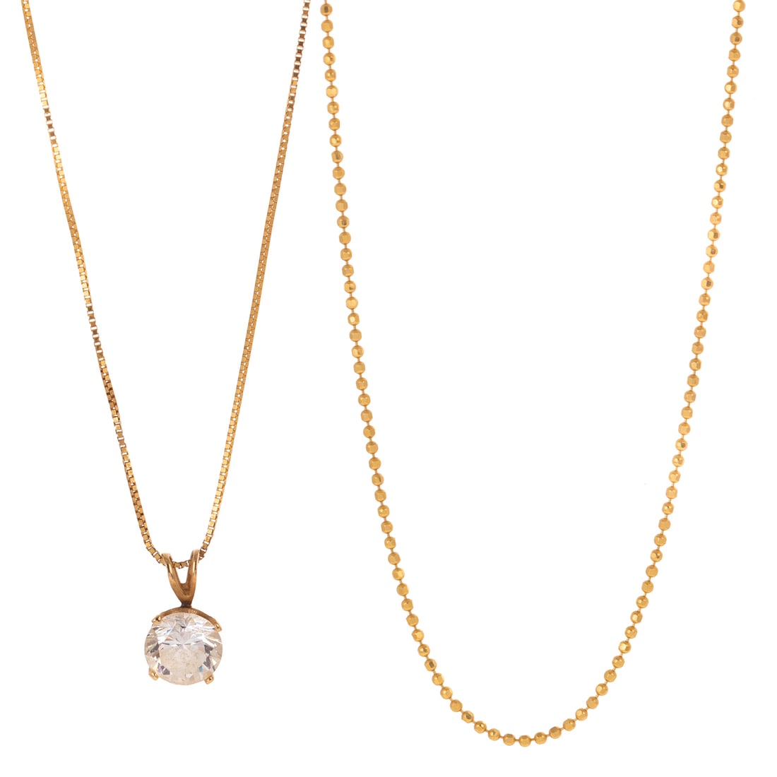 A Gold Bead Chain in 18K & Pendant Necklace in 14K: 1) 18K yellow gold faceted gold bead link chain, 18 in. L, and 2) 14K yellow gold box link chain necklace suspending a round diamond simulant, prong set with split bail, 16 in. L, 4.6 grams (2.8 grams