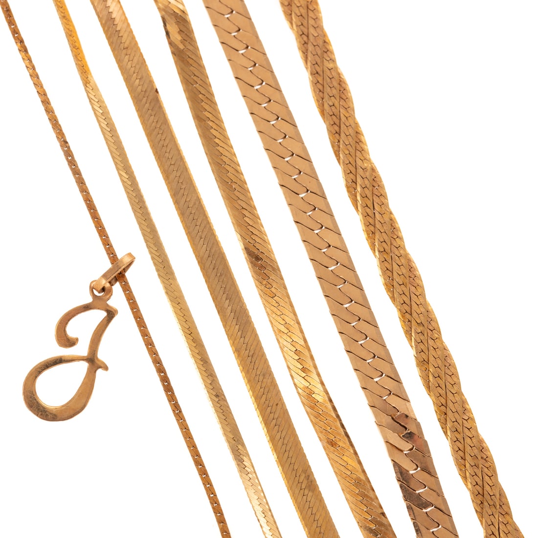 A Collection of Herringbone Bracelets in 14K: 14K yellow gold collection of six bracelets including, 1) Herringbone bracelet, 3.7 mm W, box clasp with safety latch. 7 1/2 in. L, 2) Herringbone bracelet, 2.7 mm W, 7 in. L, 3) Textured and high pol