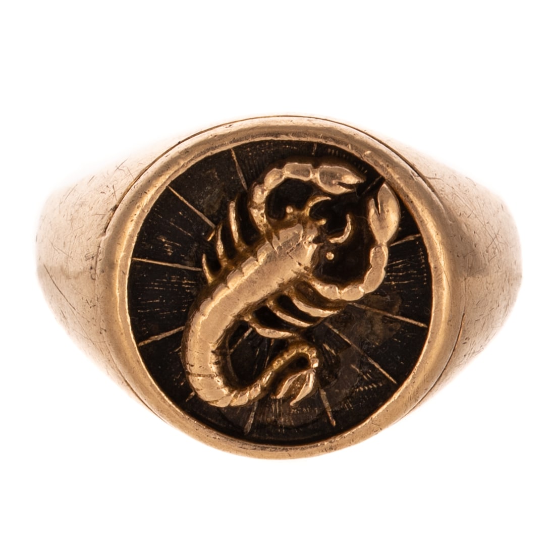 A Scorpion Zodiac Ring in 10K: 10K yellow gold ring featuring a central scorpion set in a recessed rondel with oxidized back ground, wide shank, sz 8.75, 8.7 grams Provenance: From the Collection of Brian Jackson, Baltimore, MD