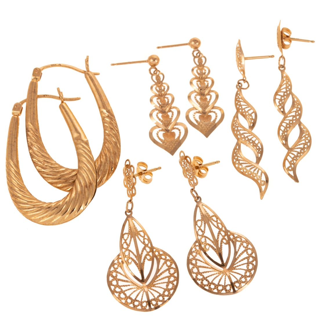 Four Pairs of Hoop & Dangle Earrings in 14K: 1) 14K yellow gold elongated twisted hoops with high polish on one side and matte finish with bright cuts on the other side, 1 1/4 in. L, 2) 14K yellow gold filigree dangle earrings, posts with