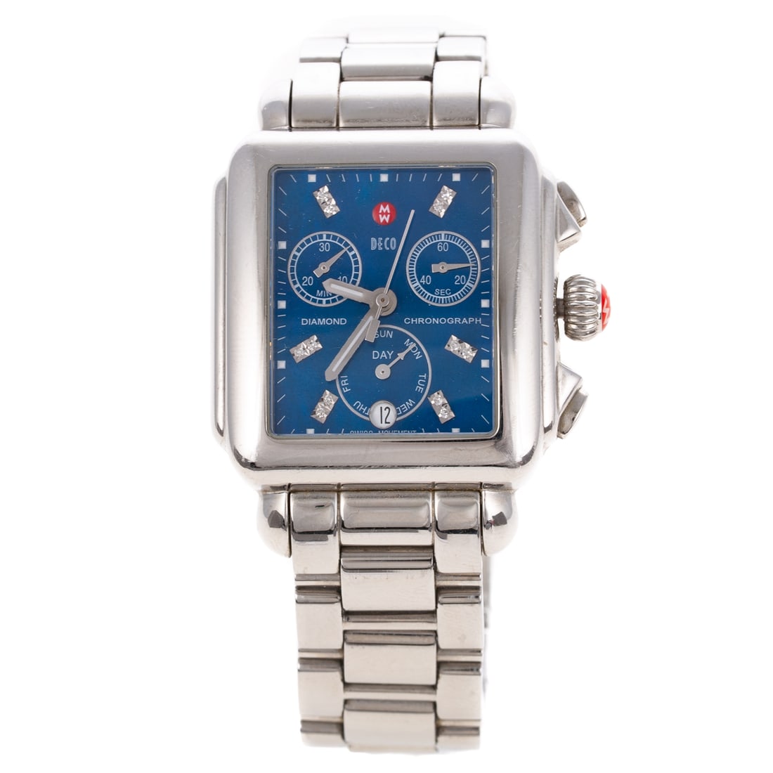A Michele Deco Diamond Chronograph Watch in Stainless Steel: Stainless steel Deco Diamond chronograph by Michele, iridescent blue dial with twelve round diamonds weighing 0.05 ctw, luminescent dot hour markers, second hand sub dial, minute sub dial and day sub