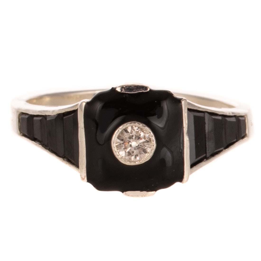 An Enamel, Diamond & Onyx Ring in Sterling Silver: Sterling silver ring featuring a Old European cut diamond bezel set with milgrain details in the center of a black enameled panel, tapered rectangular cut black onyx channel set on high polish ridged