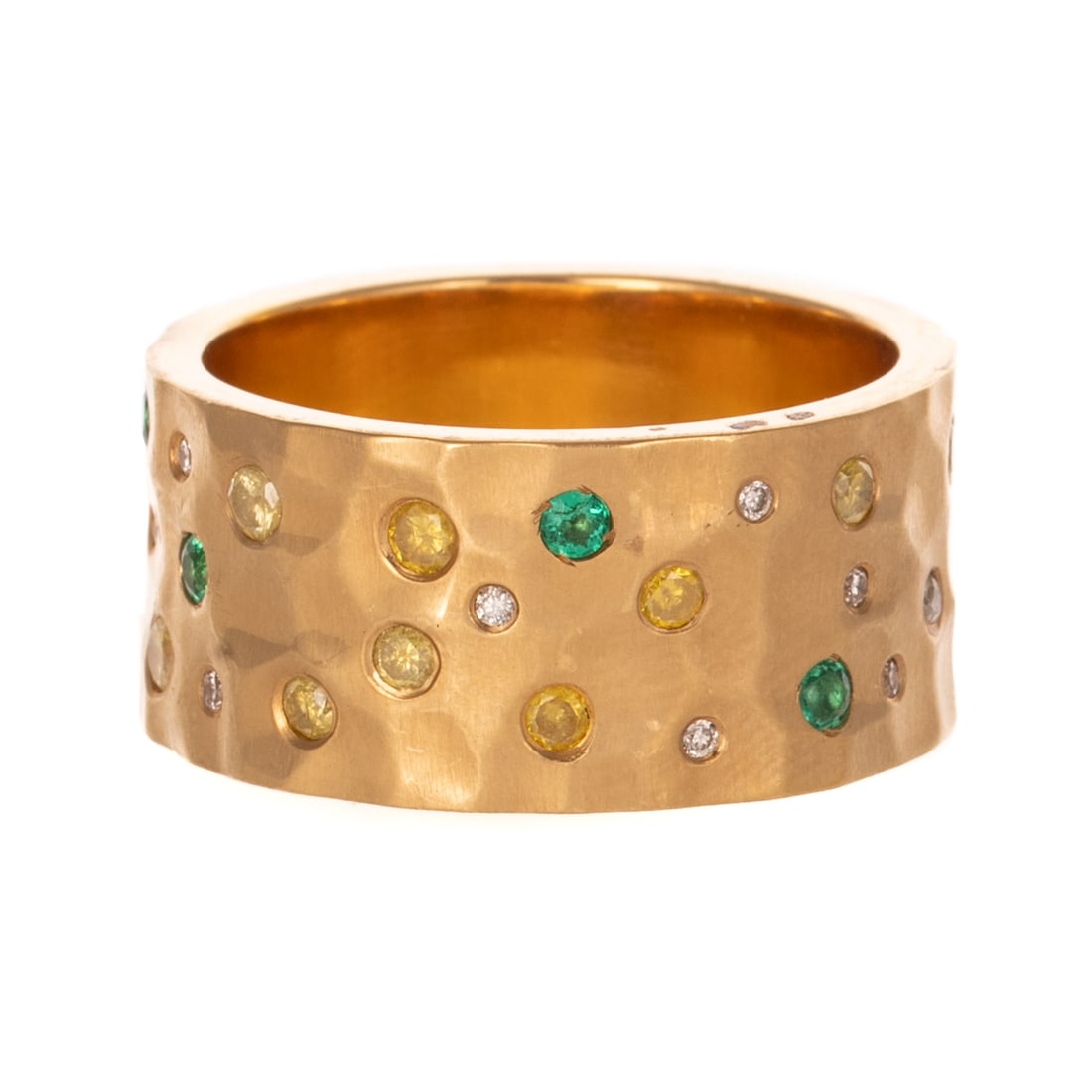 A Flush Set White & Yellow Diamond Band in 18K: 18K yellow gold hammered brush finish band featuring round white and natural yellow diamonds flush set throughout band along with flush set accents emeralds, 11.6 mm W, sz 11, 22.5 grams