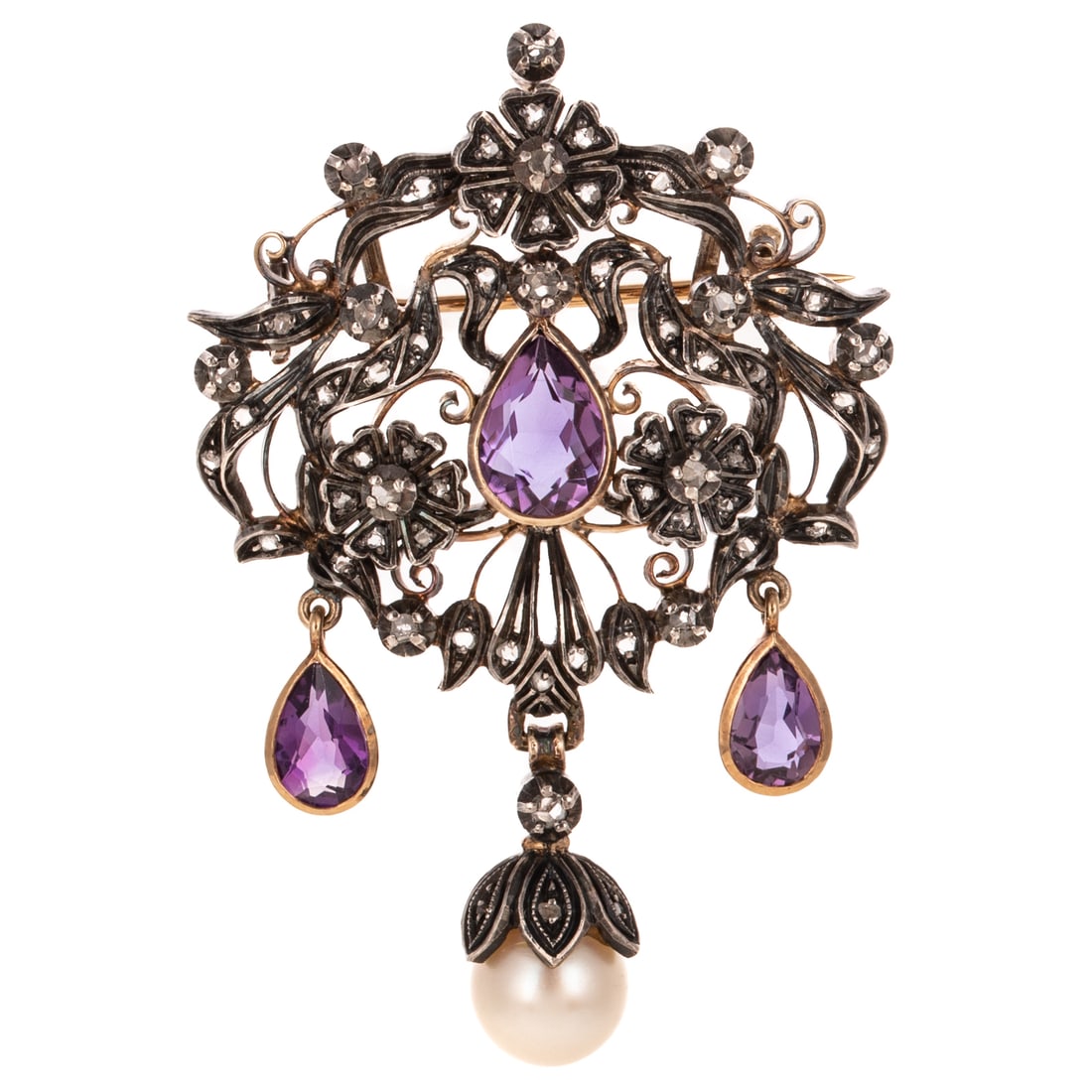 A Georgian French Multi-Gemstone Pendant/Brooch: Late 18th C. 14K yellow gold, silver topped French pendant/brooch of scrolling foliate design with rose and native cut diamonds bead set, including a trio of pear shape amethysts bezel set in yellow g