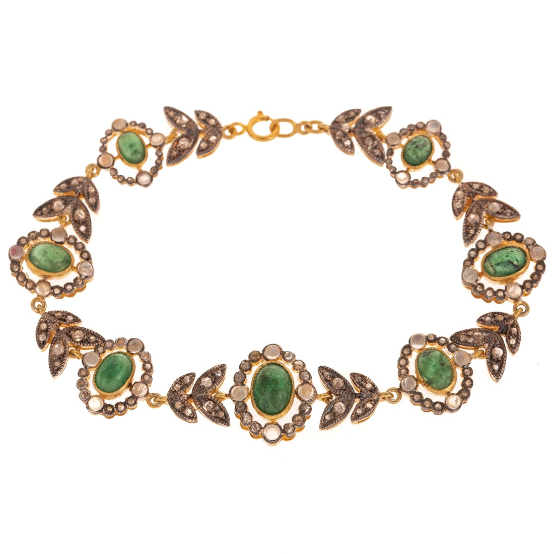 An Emerald, Moonstone & Diamond Foliate Bracelet: Vermeil bracelet featuring a line of graduated oval emerald cabochons, weighing approx. 6.00 ctw bezel set in the center of individual rings of round moonstone cabochons and rose cut diamonds alternat