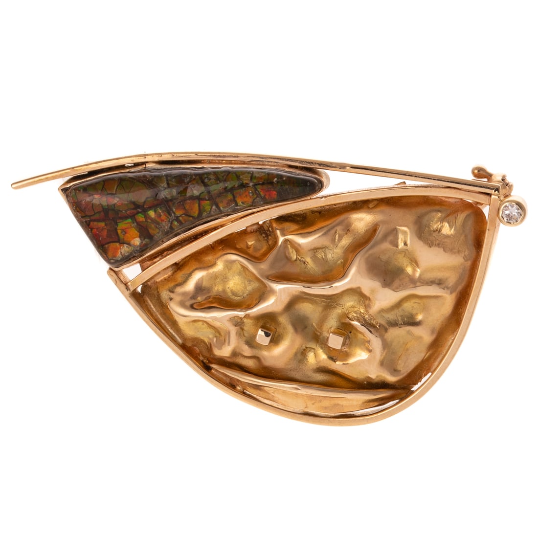 A Diamond & Fire Agate Pendant/Brooch in 14K: Modern 14K yellow gold brooch/pendant with freeform nugget style section, fire agate doublet, and round diamond accent, all bezel set, pin and collapsible bail, 2 in. x 1 in., 12.6 grams