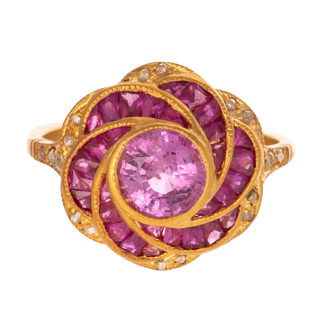 A Pink Tourmaline & Pink Sapphire Rose Ring: Vermeil ring featuring a round pink tourmaline weighing 1.50 ctw bezel set in the center of radiating petals made of tapered pink sapphires and rose cut diamonds set on engraved shank, sz 7, 3.4 grams
