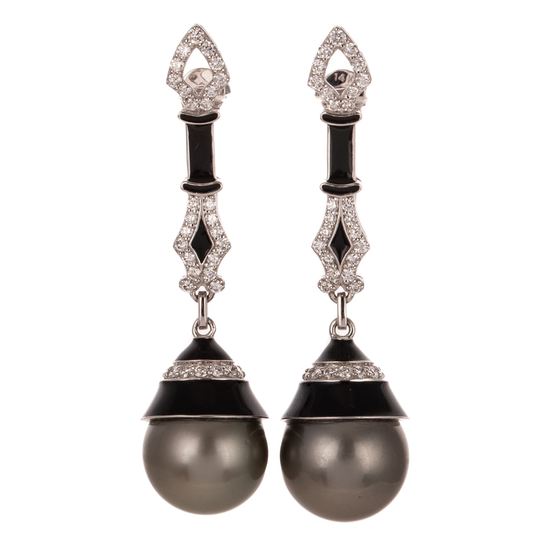 A Pair of Tahitian Pearl, Diamond & Enamel Earrings in 14K: 14K white gold elongated drop earrings by Oscar Friedman featuring well matched Tahitian pearls measuring 12.1 mm with black enamel and bead set diamonds, approx. 0.85 ctw, posts with friction backs, 