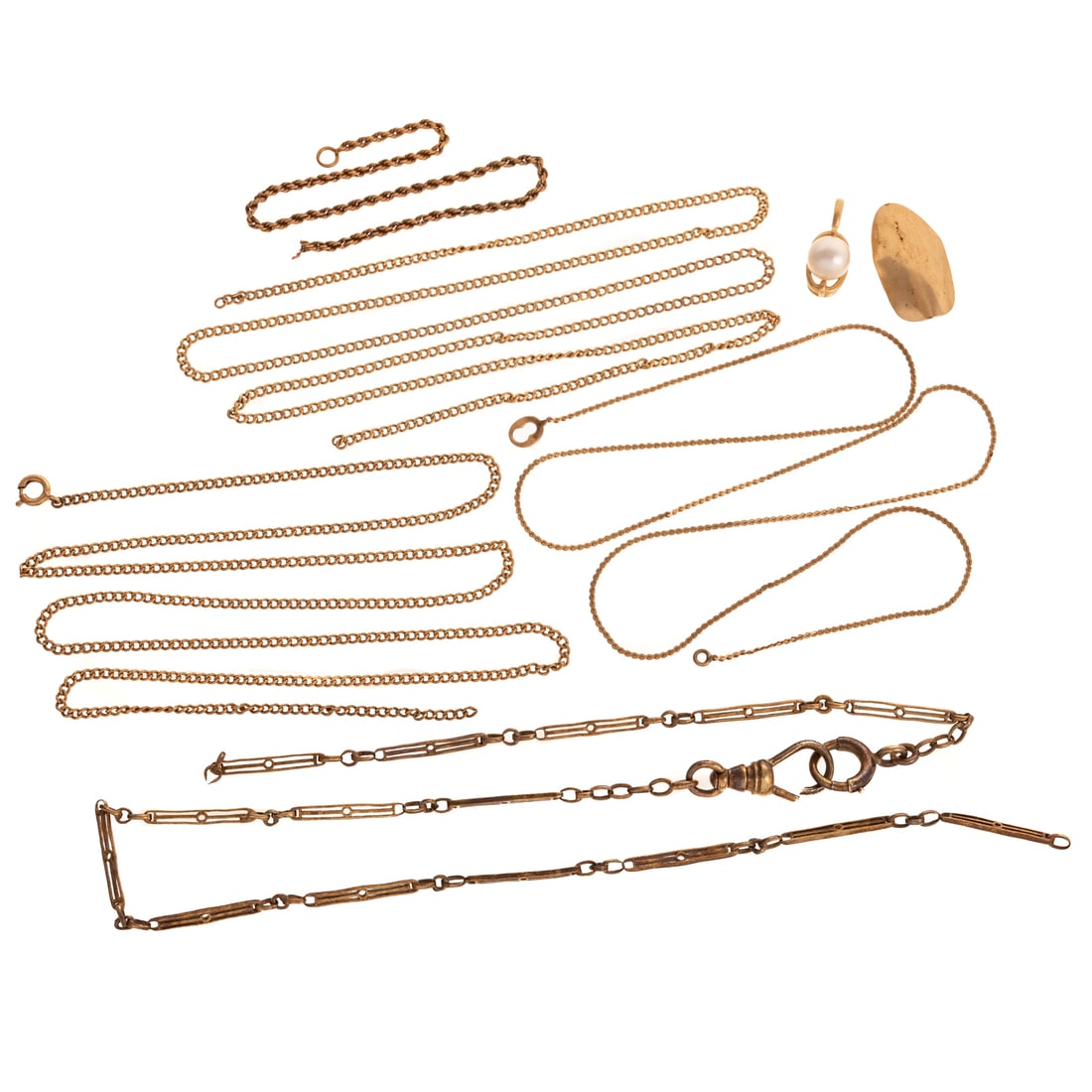 A Collection of Gold Findings in 14K: 14K yellow gold findings including a 6 mm pearl pendant, 1/2 in. L; vintage filigree bar watch fob chain with swivel head and spring ring clasp, 14 1/2 in. L; four sections of curb, rope and serpentin