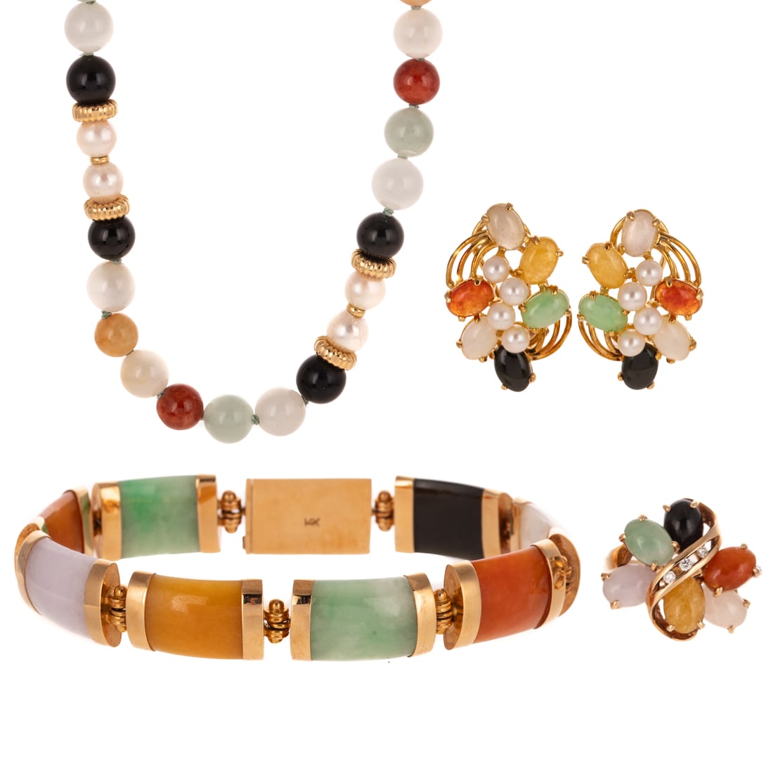 A Collection of Jade & Hardstone Jewelry in 14K: 1) 14K yellow gold panel bracelet featuring multi-color polished jade and hardstone sections with yellow gold caps and box clasp with safety latch, 7 in. L, 2) 14K yellow gold necklace featuring multi