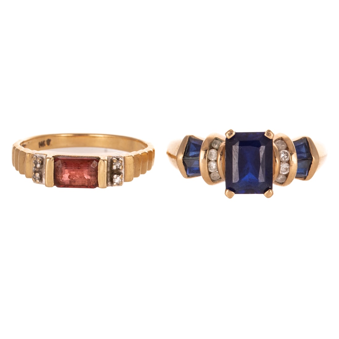 Two Gemstone & Diamond Rings in 14K & 10K: 1) 14K yellow gold band featuring an emerald cut garnet weighing approx. 0.40 ct horizontally channel set flanked by two small prong set diamonds, tiered high polish shank, sz 6, and 2) 10K yellow gol