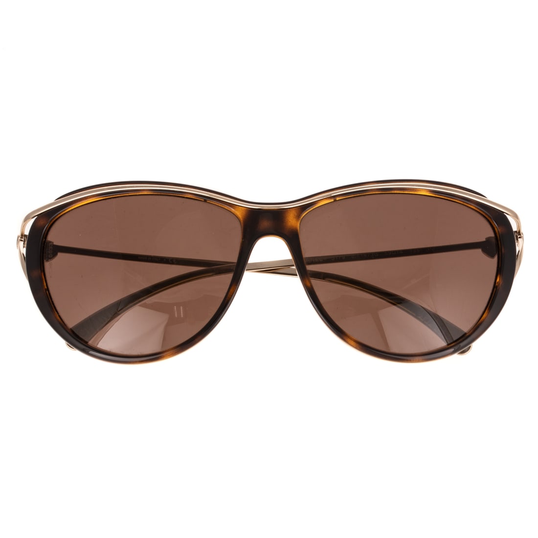 A Pair Chanel Interlocking CC Logo Cat-Eye Sunglasses: A pair of Tortoises shell tinted Chanel cat-eye sunglasses with interlocking logo and gold tone metal, 5179 c.714/3G 59? 14 135 3N, includes fabric dust bag and Chanel box