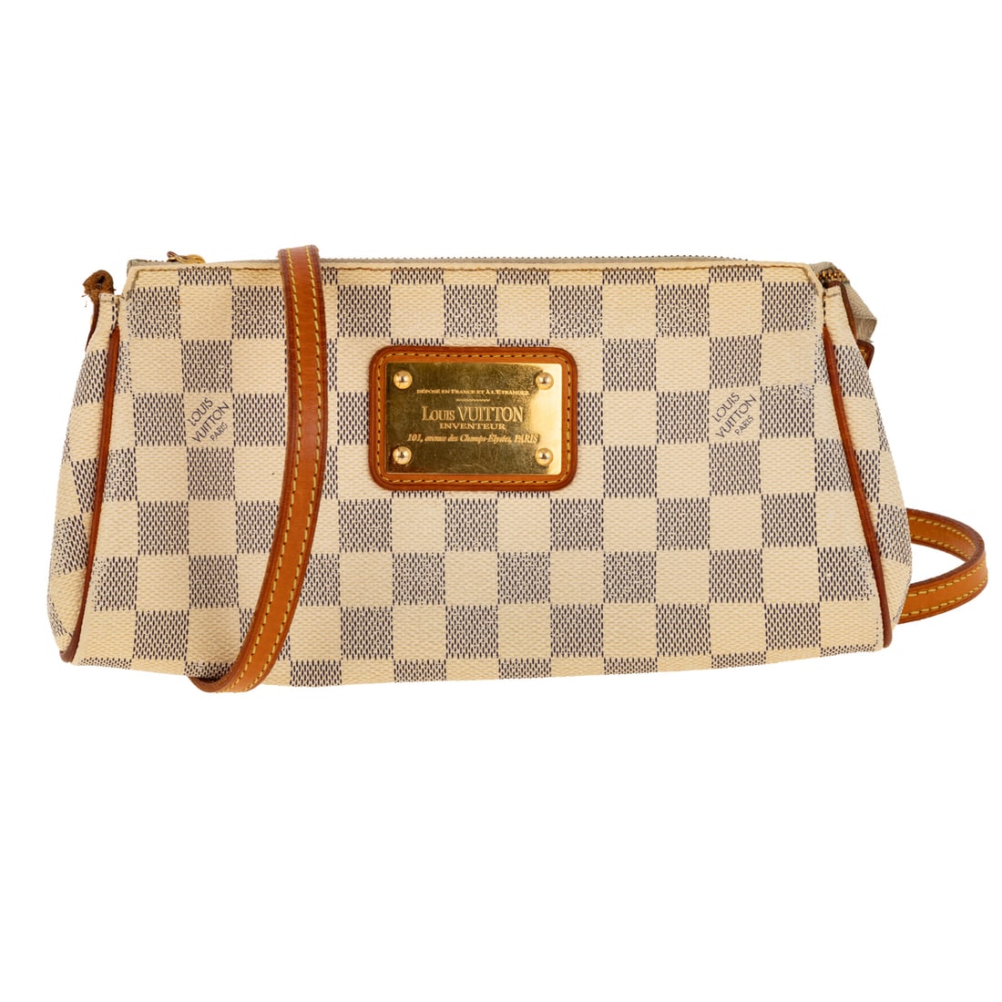 A Louis Vuitton Damier Azur Eva Pochette: A brown coated canvas Louis Vuitton Damier Azur Eva Pochette with gold tone brass hardware, Vachetta leather trim, chain-link accent shoulder strap, and removable leather crossbody strap. Tan canvas l