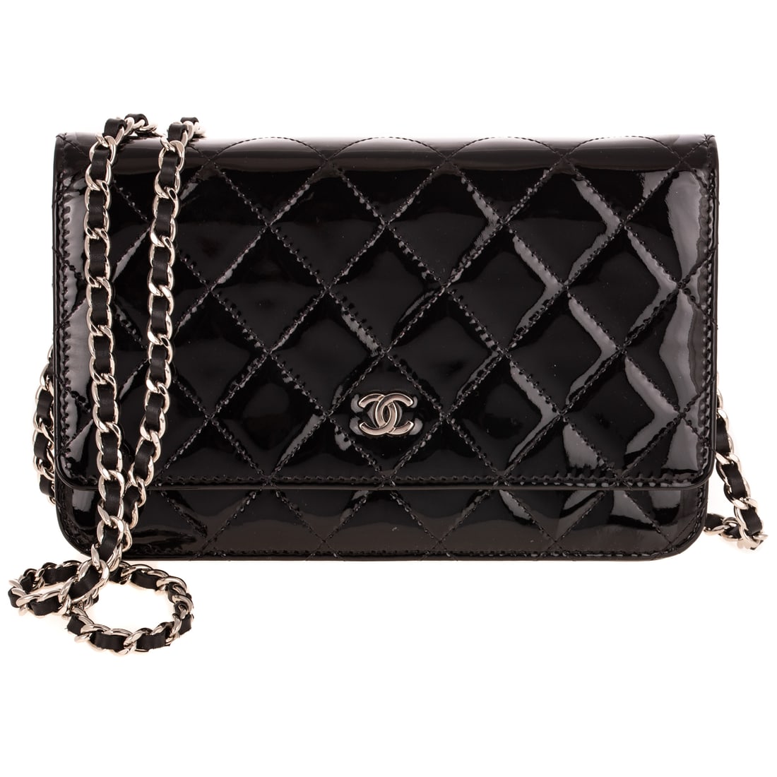 A Chanel Wallet on Chain: A black quilted patent leather Chanel wallet on chain with silver tone hardware, chain-link shoulder strap, and interlocking CC logo at front. Grosgrain lining, four interior pockets with six card slo