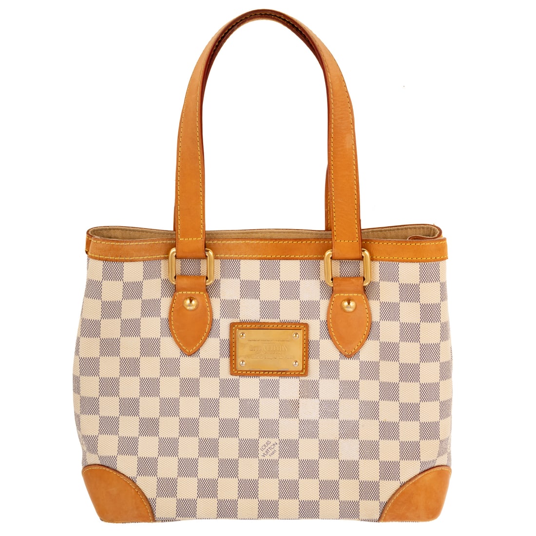 A Louis Vuitton Damier Azur Hampstead PM: A damier azur coated canvas Louis Vuitton Damier Hampstead PM with golden brass hardware and Vachetta flat handles and trim. Beige microfiber lining, zipper pocket, flat wall pocket, cell phone flat
