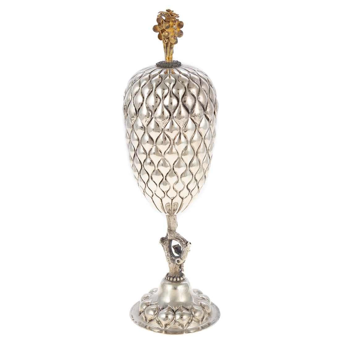 Portuguese Sterling Pineapple Cup & Cover: Marked sterling/W.H./925/Portugal. In the German Baroque style, the dome foot supporting a tree trunk standard, featuring a climbing woodcutter, the cup modeled as a pineapple, the lift-off cover with