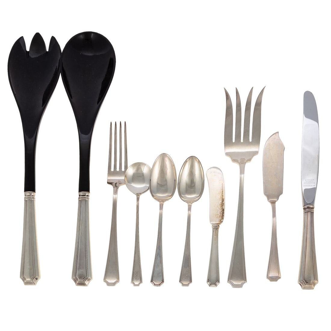 Assembled Gorham/Durgin Sterling "Fairfax" Service: Including: four dinner knives, four dinner forks, two teaspoons, four iced tea spoons, five flat butter spreaders, bouillon spoon, two five o'clock teaspoons, three serving spoons, serving fork, maste