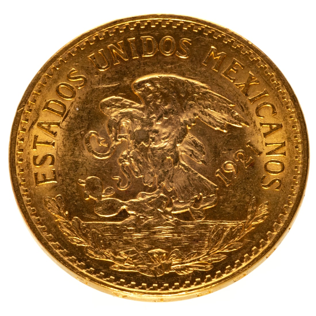 1921/10 Mexican Gold 20 Pesos Choice AU or Better: Gold 20 Pesos with unique Aztec Sunstone on one side. Choice AU or better, AGW of .4823 troy oz gold. The 2 in 21 has a sharp spike rising above the bottom and it matches the 1921/10 over-date