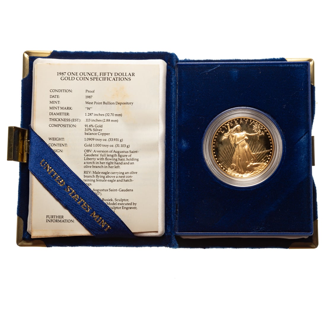 1987 One Ounce $50 Gold American Eagle Proof: Packaged in the original purple US mint case with date in Roman Numerals. One solid ounce of proof gold Provenance: From the Estate of Thomas J. DePrince, Rehoboth, DE