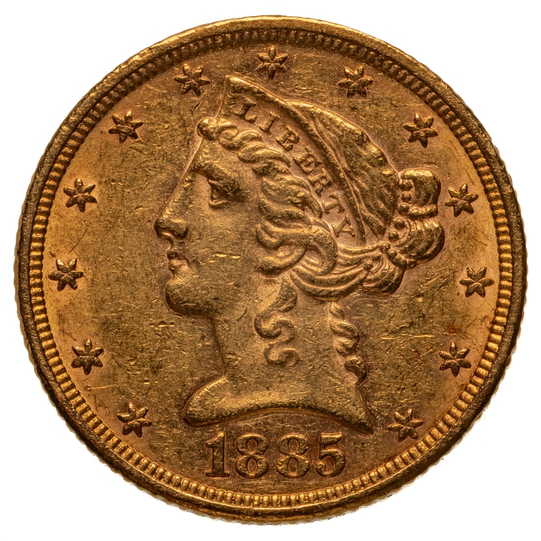 1885 $5 Liberty Gold Half Eagle XF Cleaned: Nice XF details with Obverse cleaned, reverse still has luster