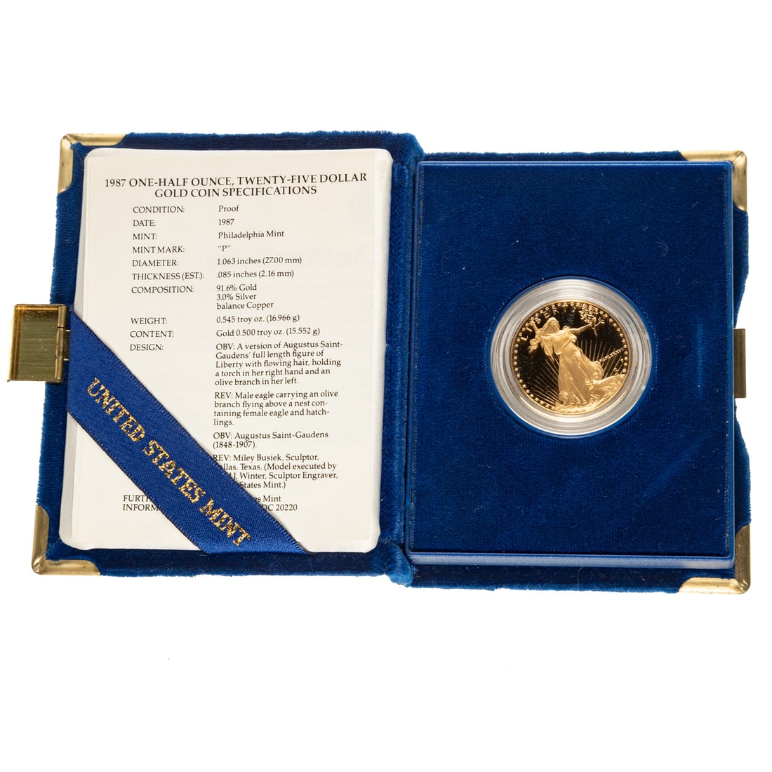 1987 $25 Half Ounce Gold Proof American Eagle: In the original purple case with COA, a half ounce of gleaming proof gold Provenance: From the Estate of Thomas J. DePrince, Rehoboth, DE