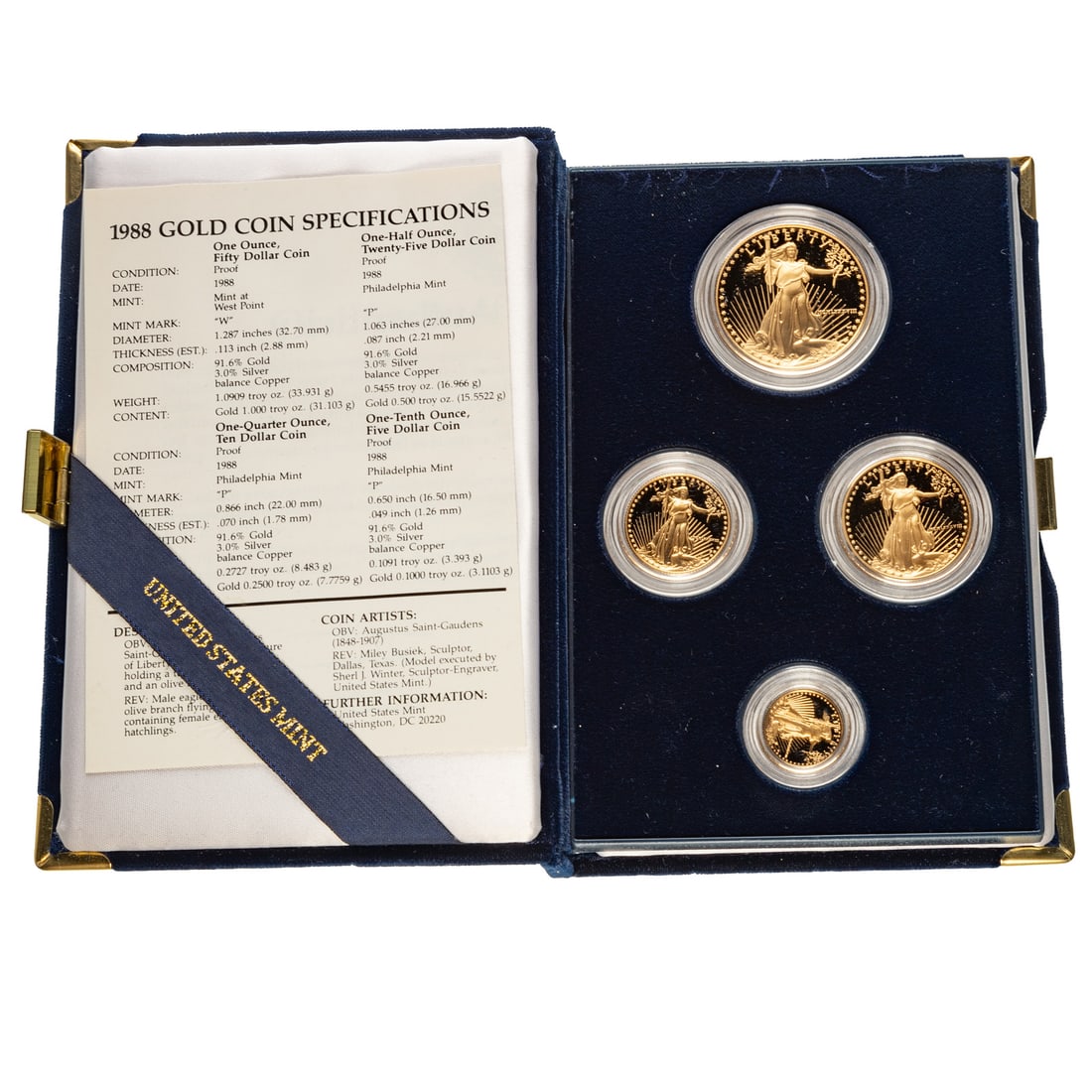 1988 Four-Coin Gold American Eagle Proof Set: 1.85 Troy Ounces of gleaming proof gold in 1 oz, .5 oz, .25 oz and 1/10th oz. The one oz, $50 was minted at West Point, the rest were minted in Philadelphia in this second yeat of Eagle Proof sets