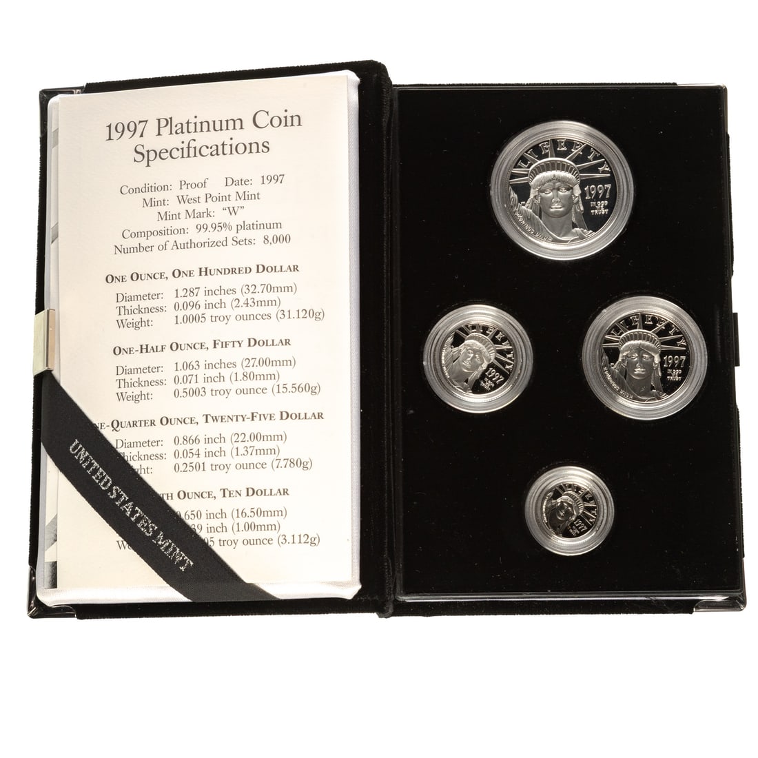 1997 Four-Coin Platinum American Eagle Proof Set: The first year of Proof platinum set and the box states Inaugural Issue. 1.85 troy ounces of proof platinum in 1 oz, .5 oz, .25 oz and 1/10th oz. Practically a pristine set Provenance: Lifetime