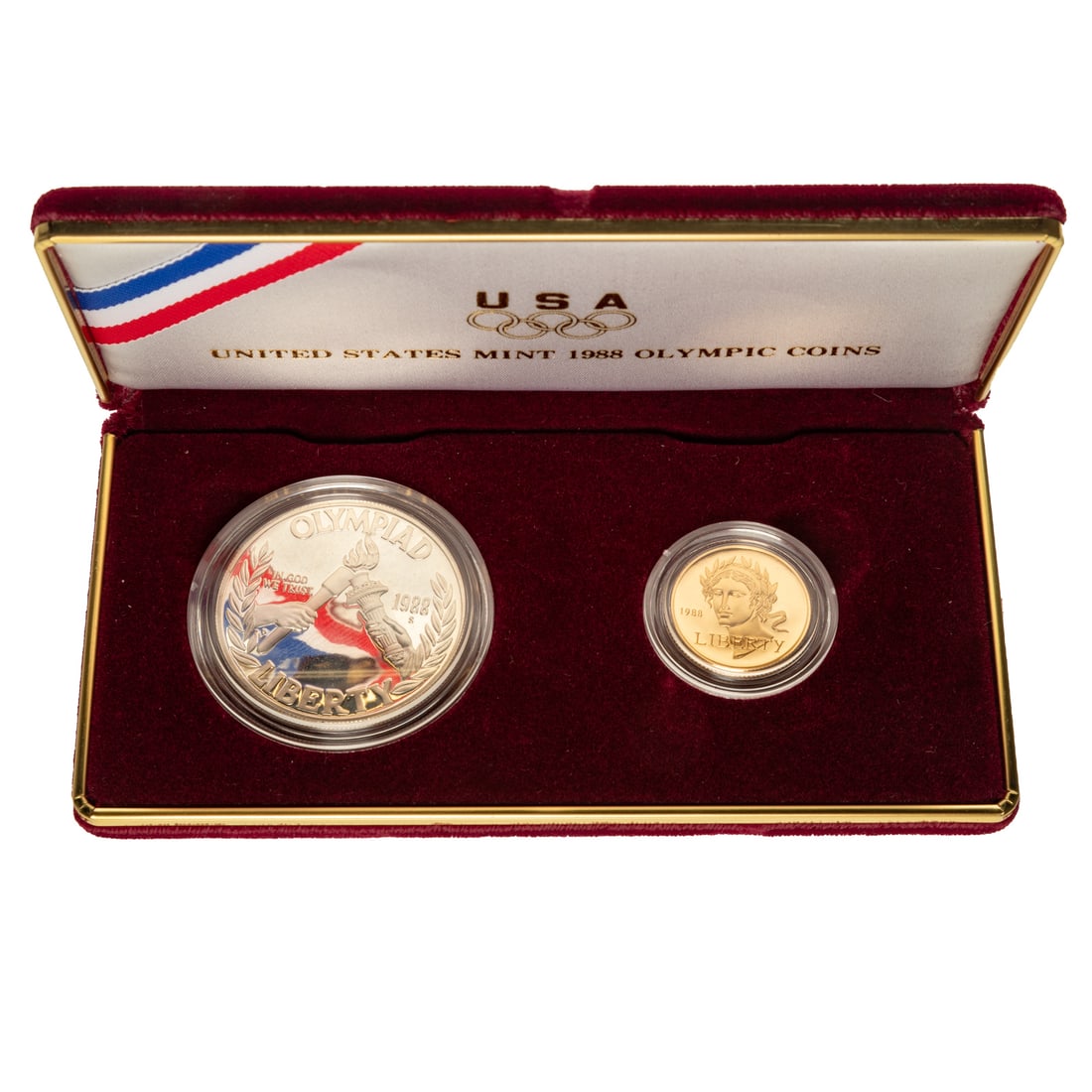 1988 Seoul Olympics Two-Coin Proof Set W/ $5 Gold: To commemorate the 1988 Olympics in Seoul, South Korea, the US Mint produced this two-coin proof set with Silver dollar and $5 gold (.2418 toz) Provenance: Lifetime numismatic property of a long time