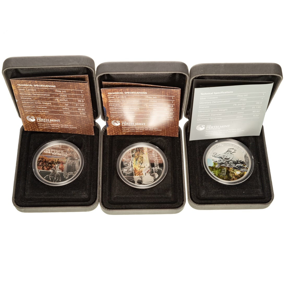 Famous Battles in History - Three Battles .999 Silver: Three different famous battles each commemorated by a .999 silver 1 ounce coin. Made by Australia's Perth Mint, the featured battles are Gettysburg 1863, The Russian victory at Poltava in 1720-21 and
