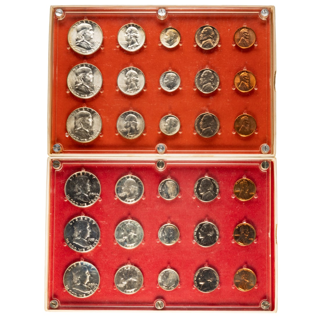 Half 1954 Mint Set & 1954-55-56 Proof Sets: Both groups are in Seitz Coin cases. The 54 mint set was a double set and this one is a single PDS Set. The 1954,55,56 proof sets are pretty well preserved with only minor toning on several of the