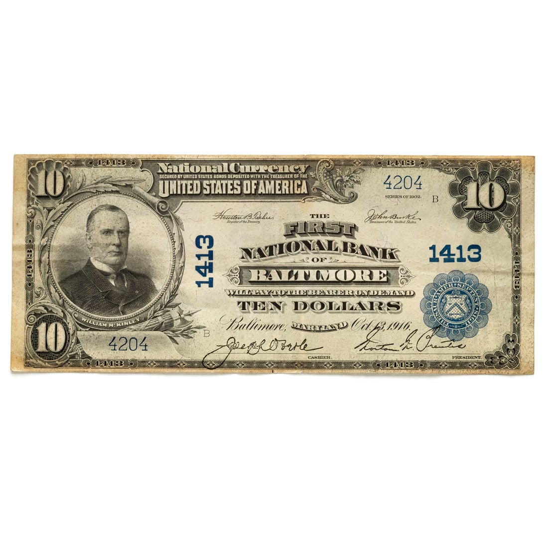 $10 1902 Plain Back 1st National Bank of Baltimore: Charter 1413 joined the National Bank system in 1865 as The National Mechanics Bank of Baltimore. It went through many name changes and ownership and finally ended as First National Bank of Baltimore