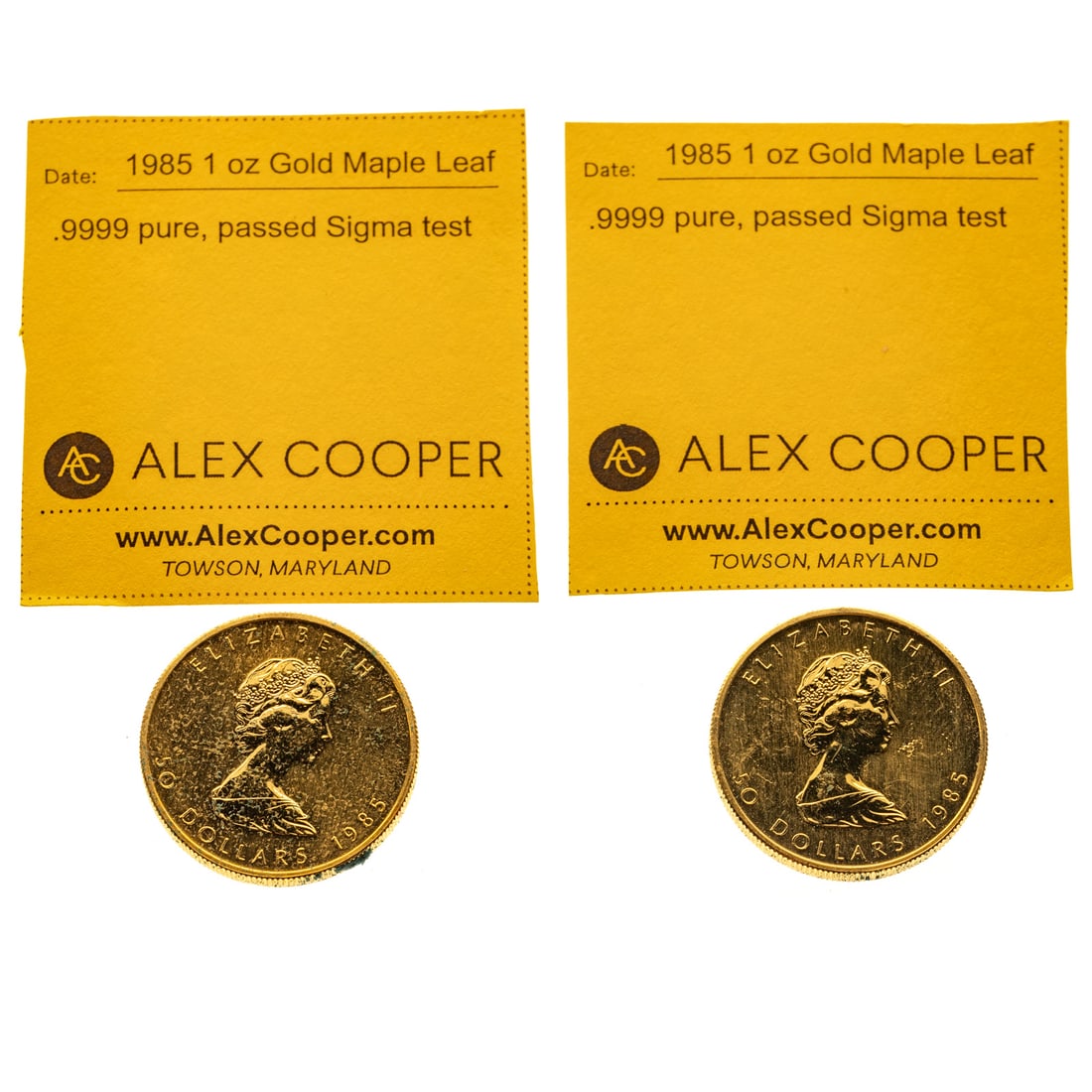 Two 1985 1 Oz Canadian Gold Maple Leafs: A pair of BU1986 Maple Leafs which passed Sigma testing