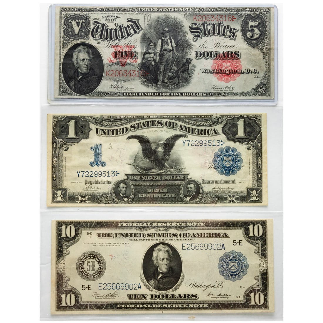 Three Iconic US Large Size Currency Notes: Fr 923 FRN $10 Richmond 1914, AU with no visible folds; 1907 $5 FR91 Woodchopper Legal Tender VF. Would be higher VF if not for a pencil "19: to the left of the chopper's head. Just some old folds but