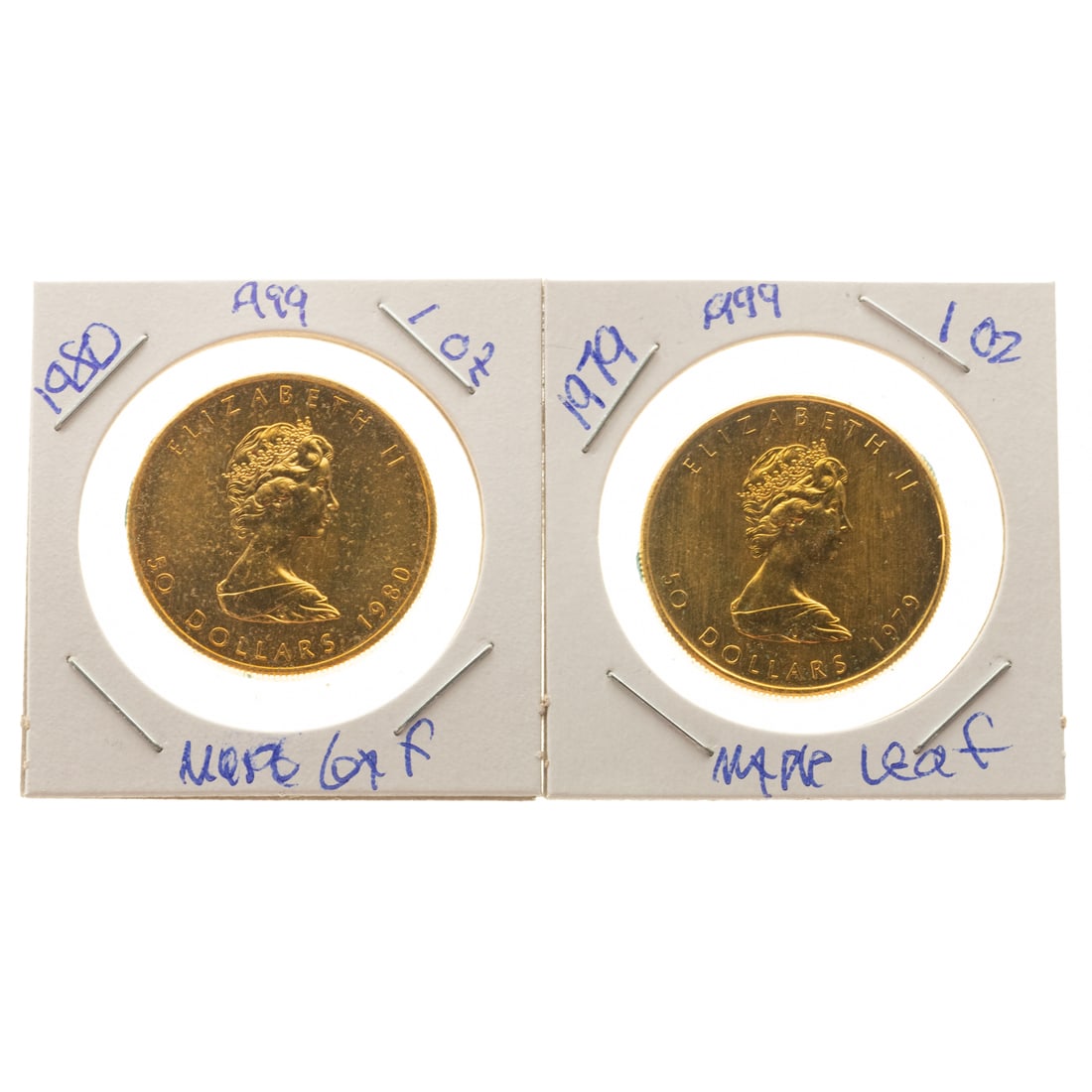 1979 & 1980 Canadian Maple Leafs: Two Canadian Maple Leafs - 1 oz. 1979 and 1980, Canada started making these in 1979 to compete with the South African Krugerrand. The first few years with .999 fine like these and later became .9999