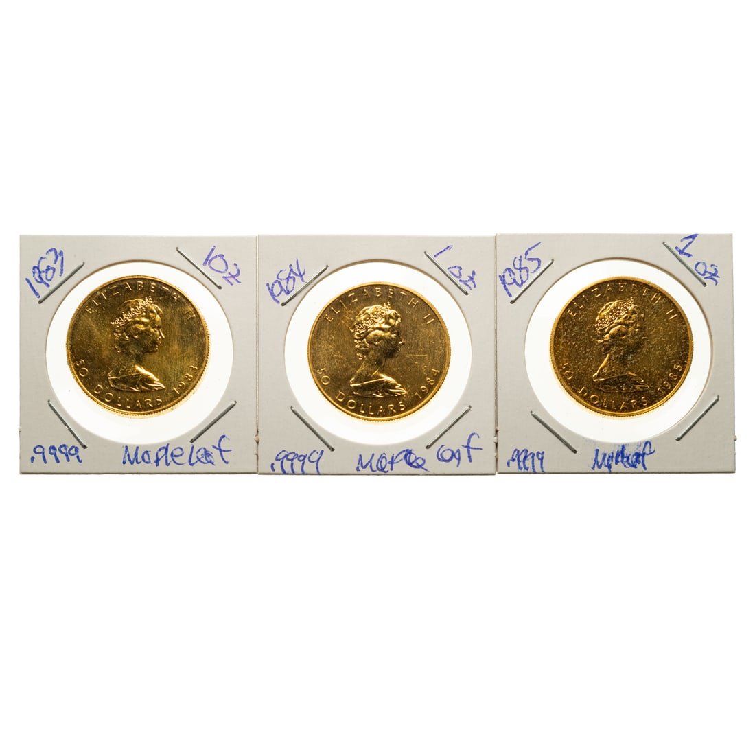 Three Canadian 1 oz Gold Maple Leafs 83-84-85: Three .9999 Canadian Gold Maple Leafs from 1983-84-85 and were first full three years at .9999 fine. Passed Sigma testing