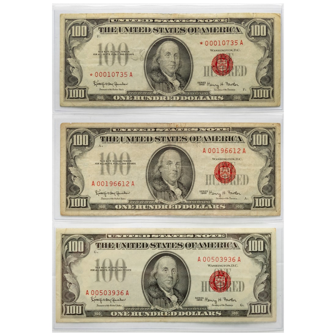 Three 1966 $100 Legal Tender Notes - One is Star: Fr-1550* Granahan-Fowler $100 SN *00010735A should grade VF20 but has a pencil written "58" to the left of Ben's portrait. It might be removable but new owner can do that. FR-1550 XF, 2 slight folds a