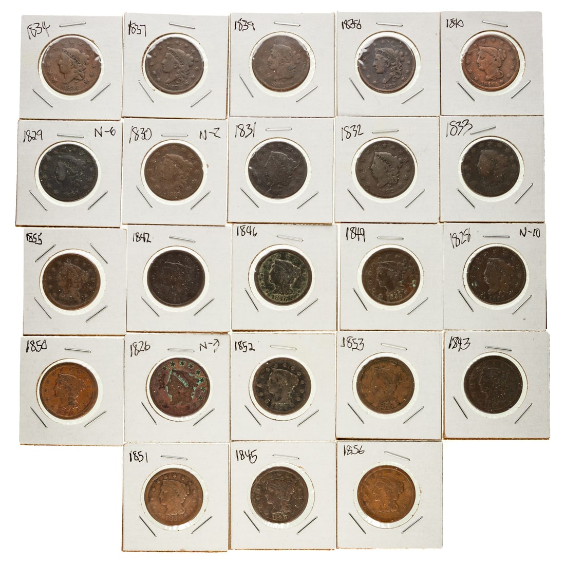 Large Cents - 23 Coin Starter Set: 1826 N-3 VG Details with corrosion; 1828 N-10 Solid tan-brown G-4; 1829 N-6 VG; 1830 N-2 G-4, 1831 AG/G; 1832 solid brown G; 1833 G-, 1834 Tan brown VG, 1837 VG; 1838 Fine with porosity; 1839 AG/G; 18