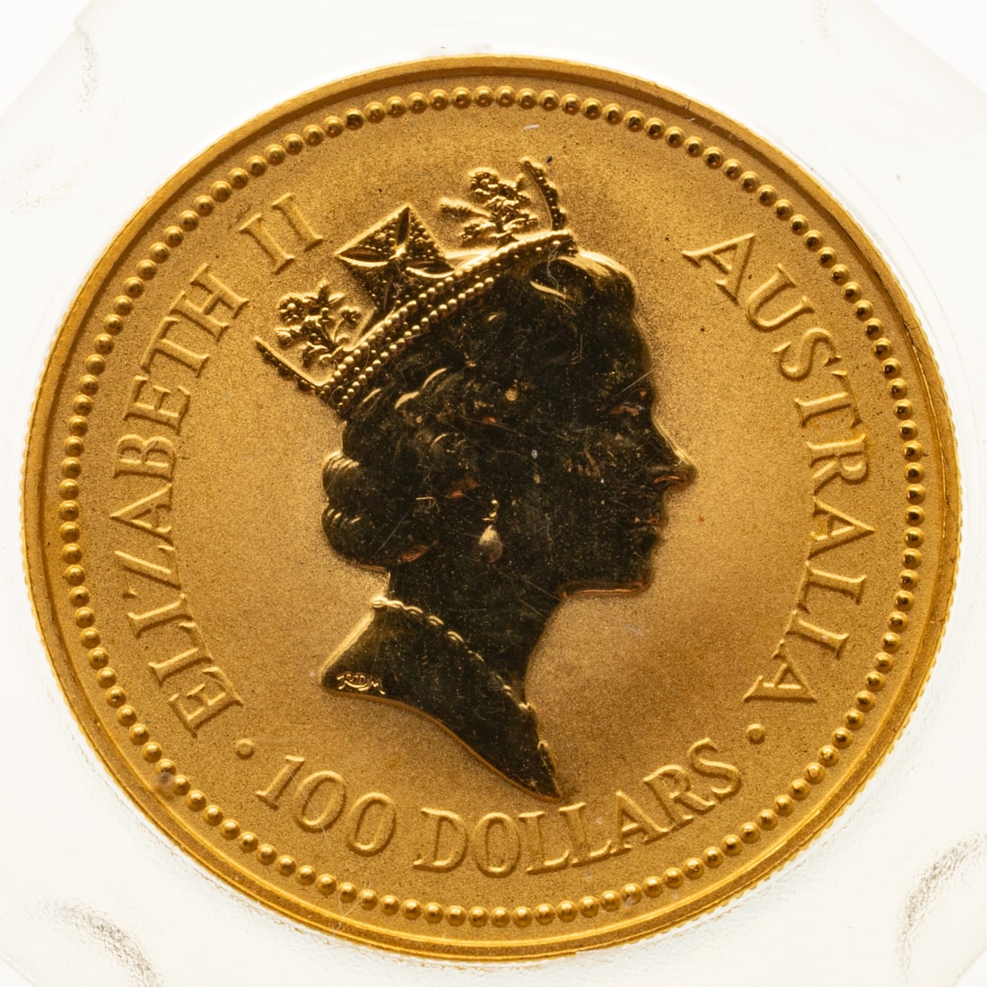 1991 Australian .9999 Nugget 1 Oz Coin: 1 Ounce, .9999. Grey Kangaroo at center of reverse and Queen Elizabeth II on Obverse. Other weight in this series have images of famous Australian gold nuggets. Comes in the original Australian