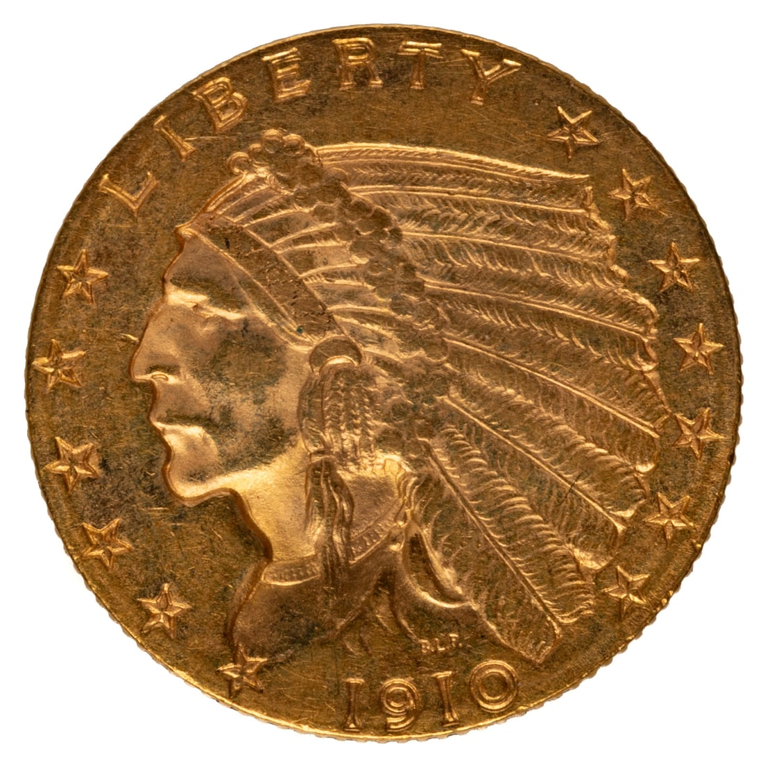 1910 $2.50 Gold Indian Quarter Eagle AU: Most details are AU strike with some weakness in lowest feathers. Weight exact at 4.18 grams with some original color and luster. Passed Sigma Test